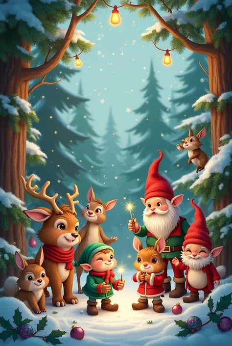  Create a very cute Christmas picture with forest animals, Elves and gnomes  