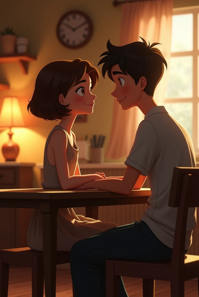 There was a 23-year-old girl deeply in love with a young man.

Create a Disney Pixar style medium shot of a young woman, 23, with short brown hair and a simple dress, gazing lovingly at a young man seated beside her in a cozy room. The woman is placed on t...