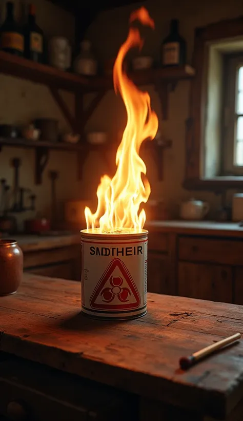 A tin of sodium chlorate prominently placed on a wooden table in a dimly lit farmhouse kitchen. The label reads “Highly Flammable” with a bright red warning symbol. A matchstick drops nearby, and a small flame erupts dramatically to demonstrate the danger....