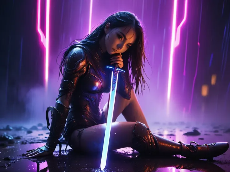 (looking at viewer, close up), digital art ilustration, depth of field, cinematic light, chiarosaurio, mist, particles, sparks,reflections, a female (beautiful, sexy, long straight hair), ((With one knee on the ground, the sword stuck in the ground held by...