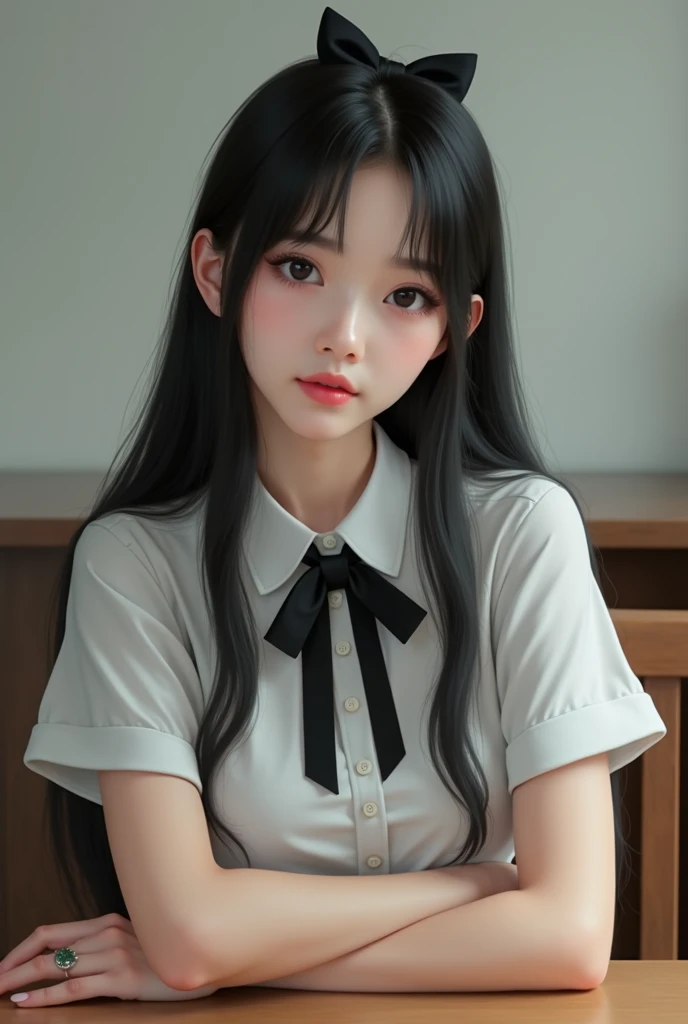 asian girl, long hair, looking at viewer,black hair, shirt, bow, sitting, white shirt, short sleeves, indoors, bowtie, lips, black bow, chair, table, black bowtie, realistic