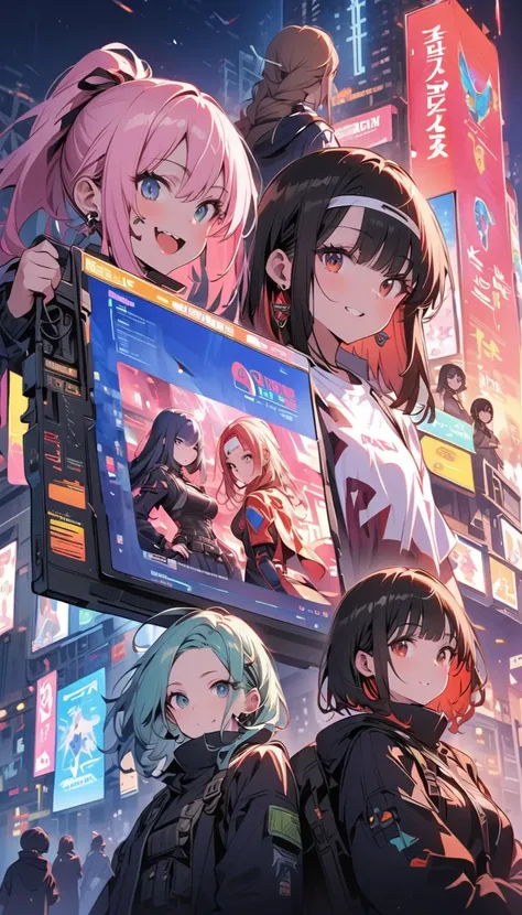 (The screen is divided into 6 parts,Created on page 6,game),( beautiful girl : 1.3),6 girls,(protective clothing,headband, earrings for women with first name, Assault Rifle),Blonde, black hair,Brown Hair, Silver Hair, red hair,Blue Hair,Green Hair,Pink hai...