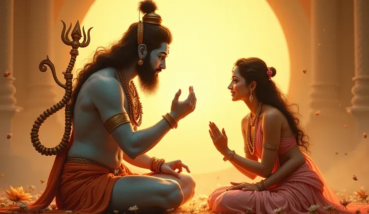 "Lord Vishnu, with a serene expression, is granting Sandhya her wishes. Sandhya, with a grateful expression, listens to his words while golden light surrounds them, symbolizing the blessings she is about to receive."*