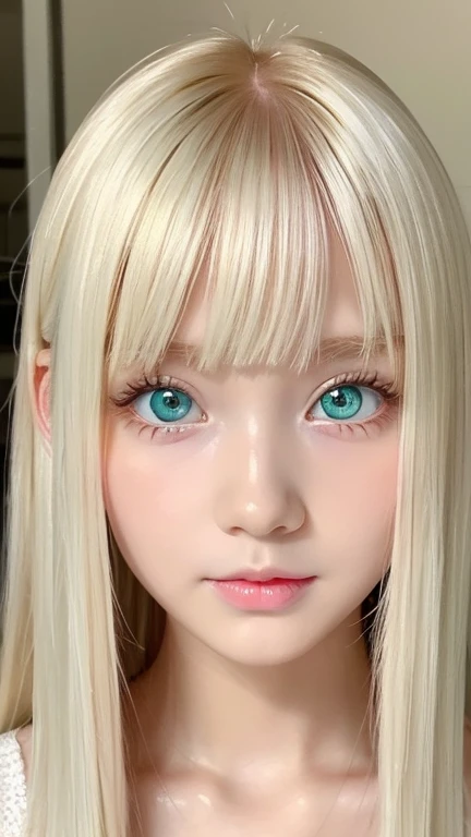 Beautiful, white, glowing skin, 3 Up, Unparalleled beauty,  people in the hot water room 、 bright, fresh and gentle expression ,  perfect beautiful innocent first 々cute little face 、Sparkling Vivid Baby Platinum Blonde 、 Super Vivid Super Long Straight Sil...