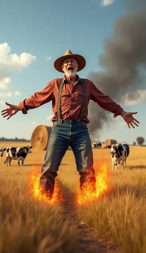 A farmer’s pants catching fire while working in the field, with haystacks and grazing cows in the background.

A man sitting in his living room by the fireplace, suddenly jumping up as his pants ignite, causing chaos.

A family gathered around the dinner t...