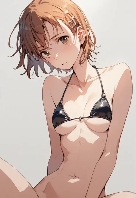 pt, cell shading, anime style, clear outline,furubody, anime painting, flat shading,日本の anime styleのアート,,Fully clothed,JK,zipper leather bikini, bikini swimsuit,Gal hairstyle, Misaka Mikoto, flat chest,尿道Bougie, clitoral ring, clitoral piercing,clitoral pe...