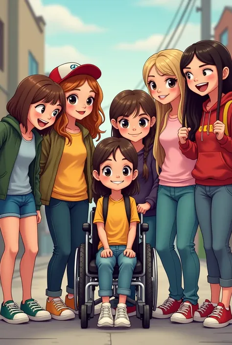 Crazy group of teenage girls between 13 and wearing friendly smiles cool outfits Girls look different with a single boy in the group he is and smiles friendly sitting close between the girls feels very comfortable in the group is a boy  cute cartoon girls ...