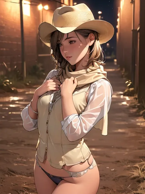 ( top quality ,  Ultra Detailed,  realistic :1.37),  outdoors on the street at night,  a very young girl ，Baby Face， very short， toddler figure ， flat chest,  muddy ,  beautiful detailed eyes,  Beautiful Detailed Lips, cowboy hat, Fringe vest, underpants, ...