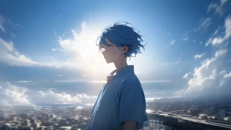 day,blue Sky,  Beautiful Skyline , Extremely tense and dramatic photo , Moving visual effects , Brilliant natural light .in the distance,Long blue hair,boy with blue hair,Short Hair,雲