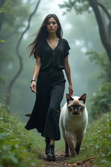 A woman dressed in black casual and walking alongside a very giant siamese cat walks together 