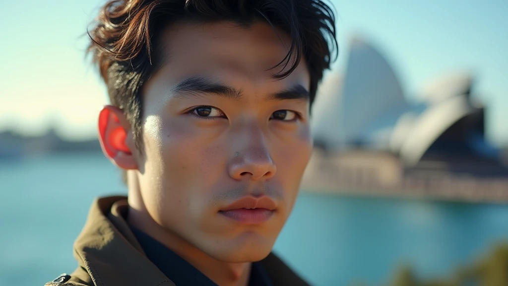 Japanese, 23-26, Handsome man,  fair skin, black eyes（thin eyes 1：3), (Super detailed, best quality, 4K, High resolution, masterpiece:1.3)  , Sydney, sydney travel spot as background 