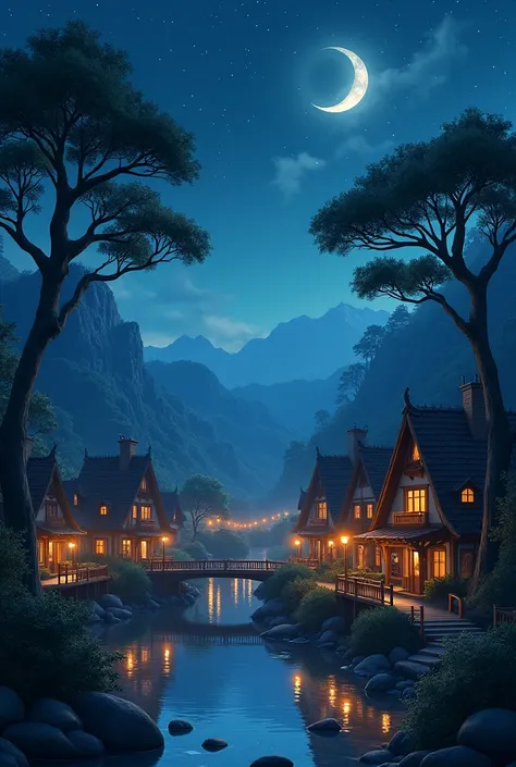 "Peaceful village at night with a starry sky, glowing moon, rustic homes lit by lanterns, swaying trees, and a calm river reflecting moonlight."

