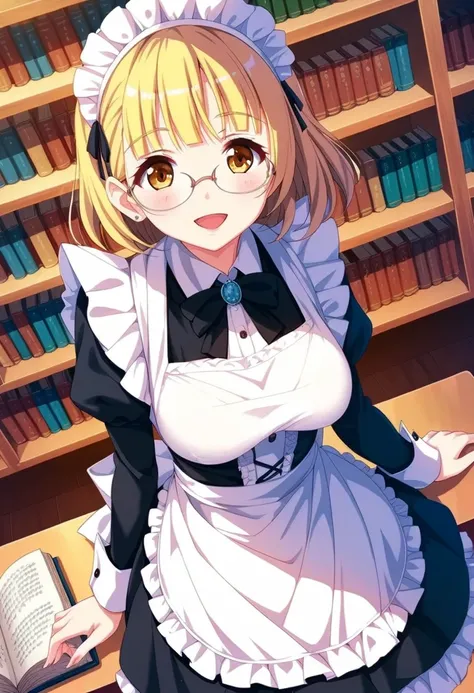 1girl, yuki mio, smile, Open thick book, library in background, Glasses, Thin Frame Glasses, maid dress, 