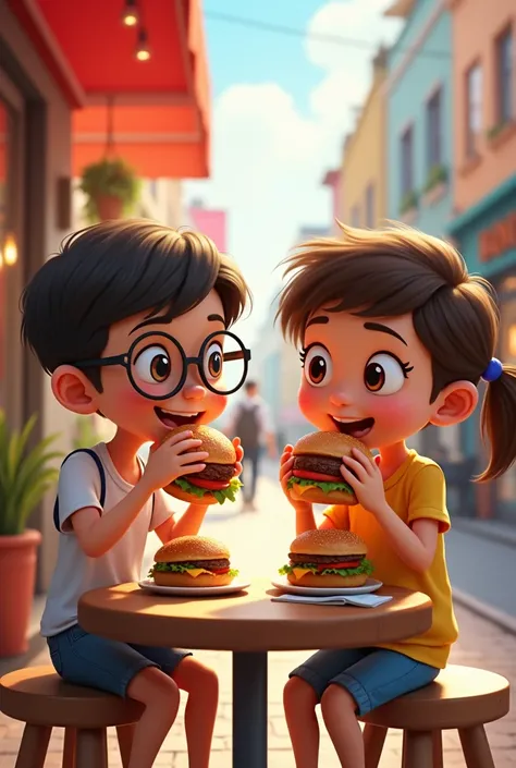 boy with glasses and a girl are eating burgers