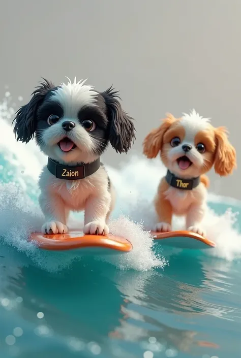 Generate 3D image of 2 Shitzu dogs surfing a black and white one with a collar written Zaion and another candy with a collar written Thor