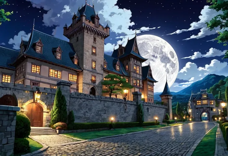 masterpiece, Best Quality, Super detailed,anime,landscape,((Midnight Full Moon Night Scenery )),  BREAK, a large aristocrats mansion , paved cobblestone ground ,  BREAK, a majestic castle characterized by towers and fences towering over a remote mountain,S...