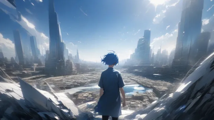 day,blue Sky,  Beautiful Skyline , Extremely tense and dramatic photo , Moving visual effects , Brilliant natural light .in the distance,Long blue hair,boy with blue hair,Short Hair,雲