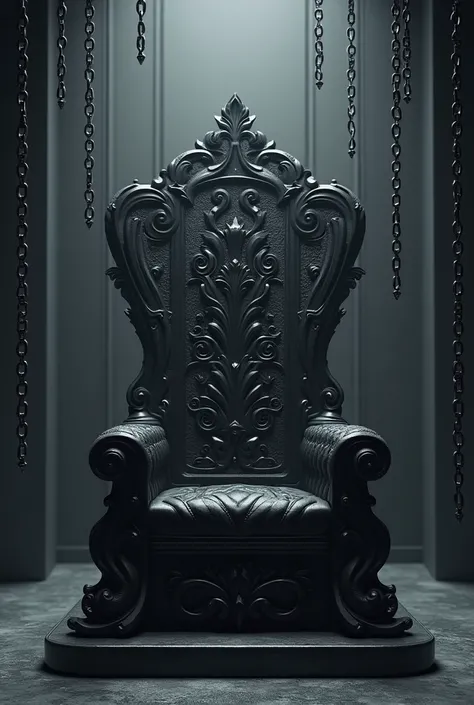 Symbol of Authority: A dark throne adorned with elegant patterns, set in a minimalist room with decorative chains hanging, symbolizing dominance