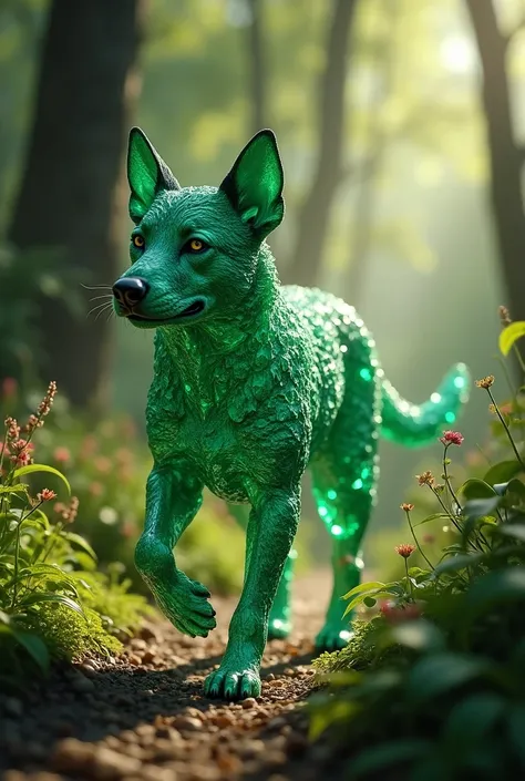 A dog that walks through nature is made up of emeralds