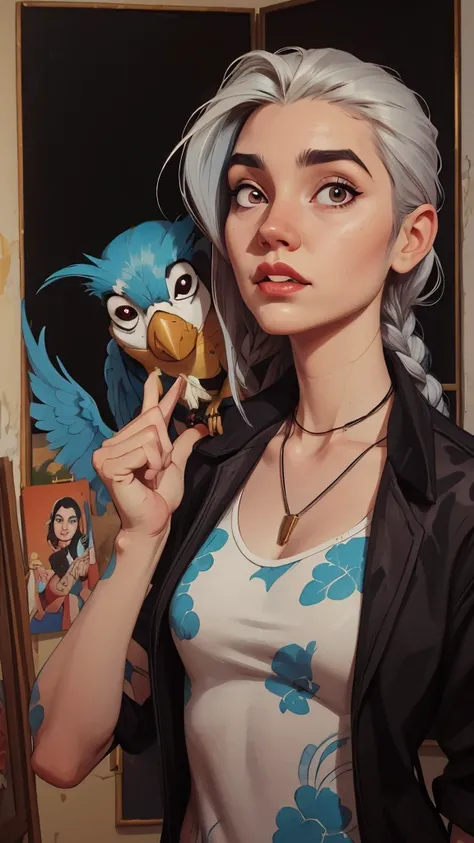 Macaw woman with white hair and black and white leopard print coat , cruel devil , germ of art Grego rutkowski _ Grego, germ of art and warren louw, germ of art style, germ of art julie bell beeple,  Lois van Ross draws , style germ of art, Chris Moore. ge...