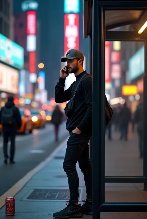 A young man 23yo is on calls, wearing grey basebal hat(anarchy logo printing), black thight swaeter and black rockers jeans, fullyblack reebok sneakers, nike sports sling bag, black G-shock watch, standing at the city bus shelter, people walking on backgro...