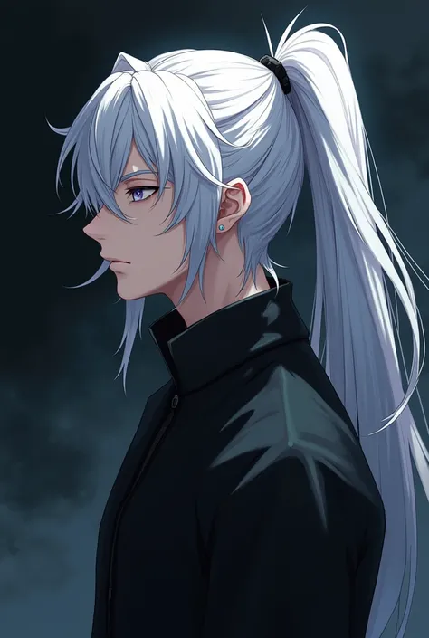 Anime man, pony hair, closed eye, white hair, cold vibe, dark background 