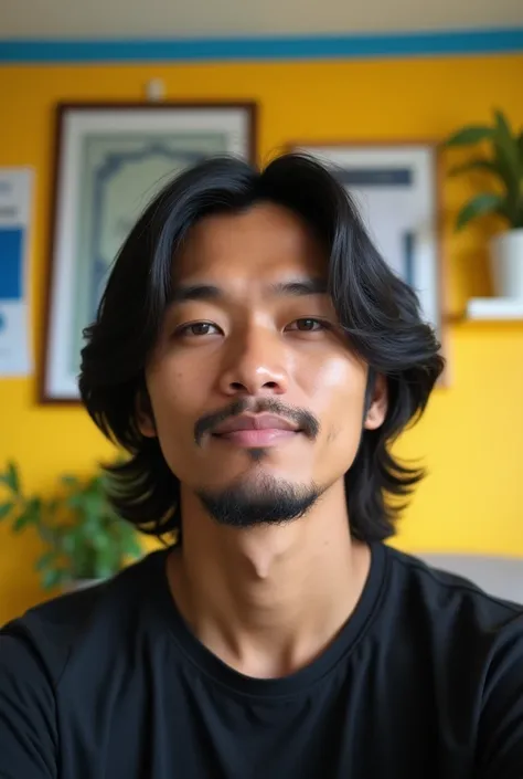 realistic photo,This image shows a 25-year-old Indonesian man with long, slightly wavy black hair that falls to the side. The man has a thin mustache and a not-too-thick beard, located on his chin and above his lips. His facial skin is light brown, with a ...