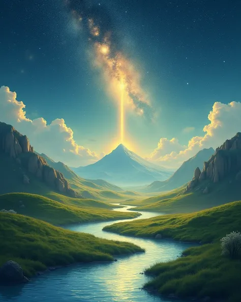 A symbolic representation of Prophet Idris (AS): a peaceful landscape with a vast, starry sky above, symbolizing the deep knowledge and wisdom that Idris (AS) was granted. Below, a flowing river winds through lush meadows, representing the flow of knowledg...