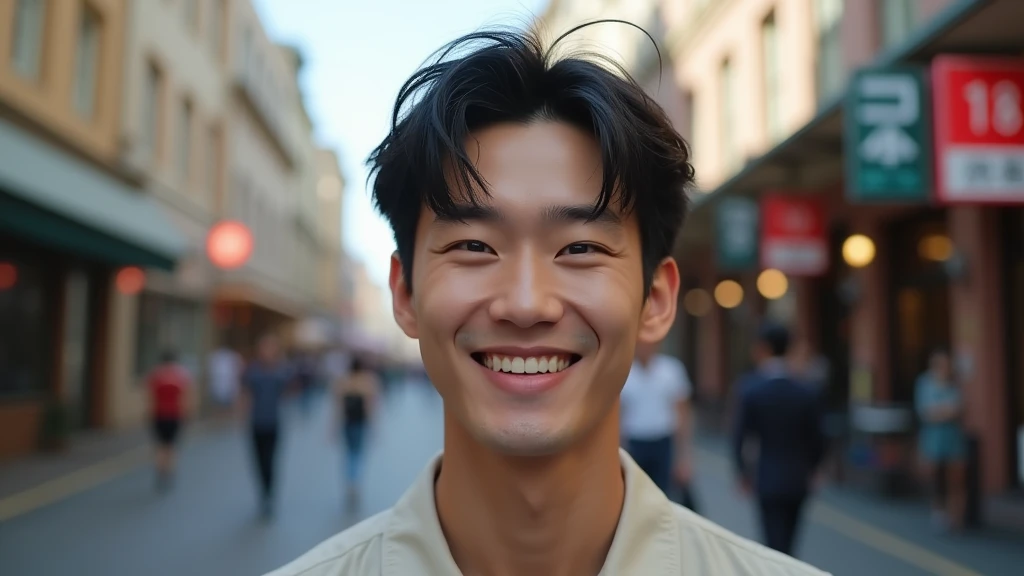 Japanese, 23-26, Handsome man,  fair skin, black eyes（thin eyes 1：3), (Super detailed, best quality, 4K, High resolution, masterpiece:1.3)  , Sydney, Sydney street  as background, half body, happy 