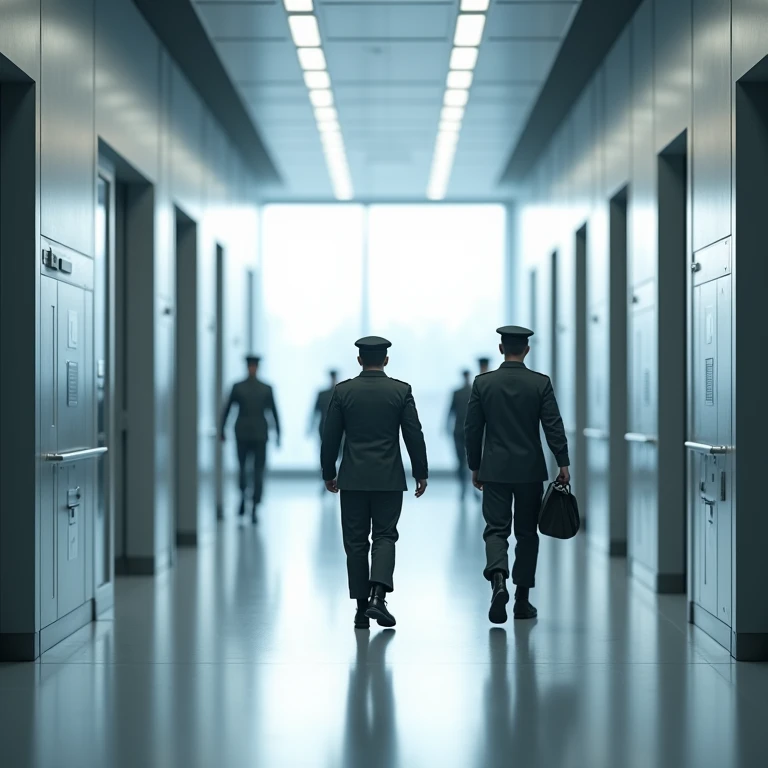 a modern hallway of a military base with bright lighting and uniformed figures adding context to the professional and military atmosphere