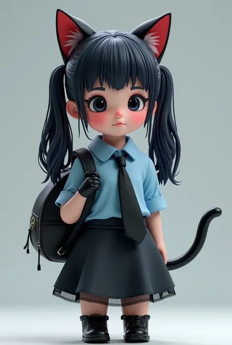   early teens、vampire、Petite、  black hair、 ツインテール 、Cat ears、Tail、  blue shirt、black tie、Shiny black gloves、スカート、 carry a shiny black elementary school backpack、3d