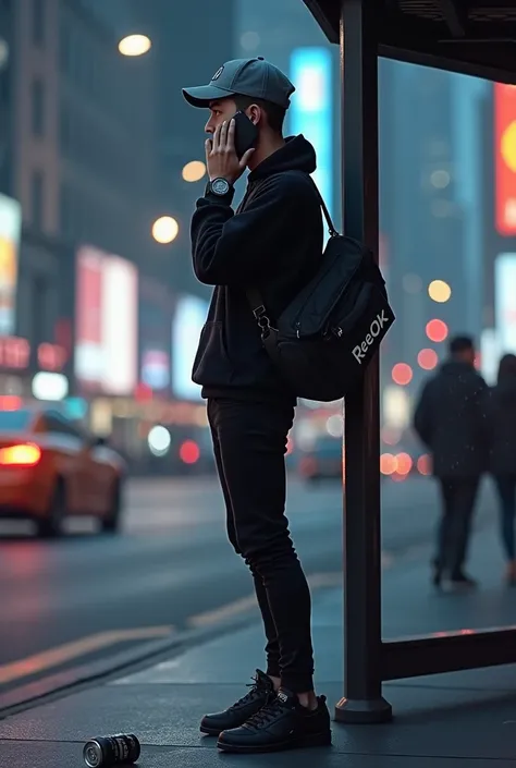 A korean young man 18yo is on calls, wearing grey basebal hat(anarchy logo printing), black thight swaeter and black rockers jeans, fullyblack reebok sneakers, nike sports sling bag, black G-shock watch, standing at the city bus shelter, people walking on ...