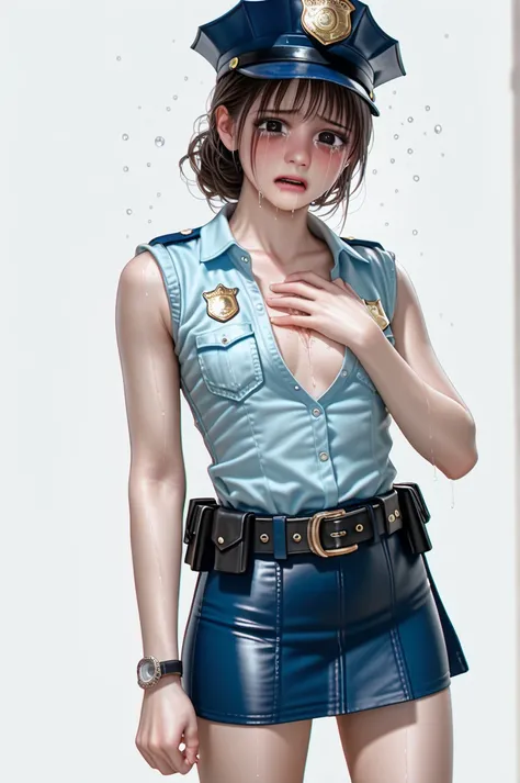  One girl ,Achika Lisa,( viewers:1.0),( slender body:1.2),(Blushed face:1.0),real skin ,small breasts,  shiny hair ,  Super Detailed Black Eyes,( Equipped Police Belt :1.5),( watch ),( frontal shot:1.2),24K,(Standing in a sexy pose:1.2),(Drunk:1.0),(cry:1....