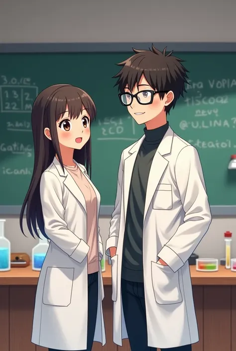 The girl and the boy with glasses are at the university, wearing white lab coats. They are standing side by side, looking at each other.

