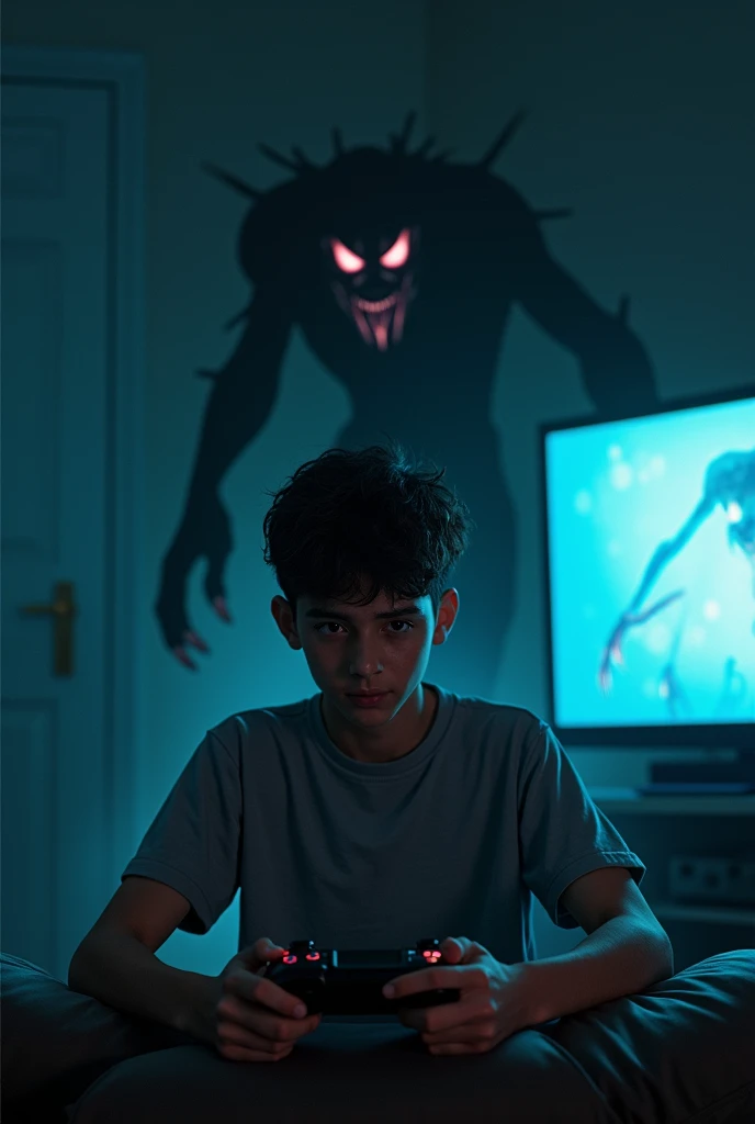 A  is playing video games with a monster behind him 