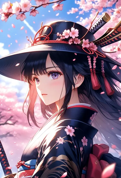 anime, wallpaper, Beautiful scene, samurai, Clothes of the Ancients , in a hat, bandage ,  Sheathed Blade ,  looks up at the sky , Sakura background,  Petals Fall , bright colors, rich colors ,  better quality ,  masterpiece fails,  maximum quality, 8 k,  ...