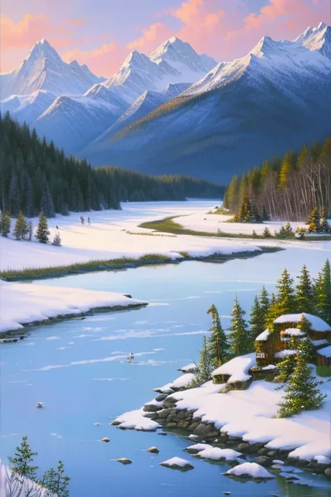  top quality 、 landscape painting、snow景色、snow、river、lake