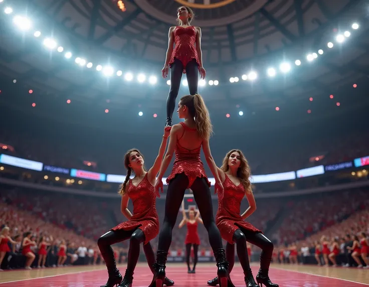  make me in a basketball stadium there is a group of 6 cheerleaders making a pyramid they are dressed in a red sequin cheerleading uniform with a black leather skirt, Maya black and black high boots 