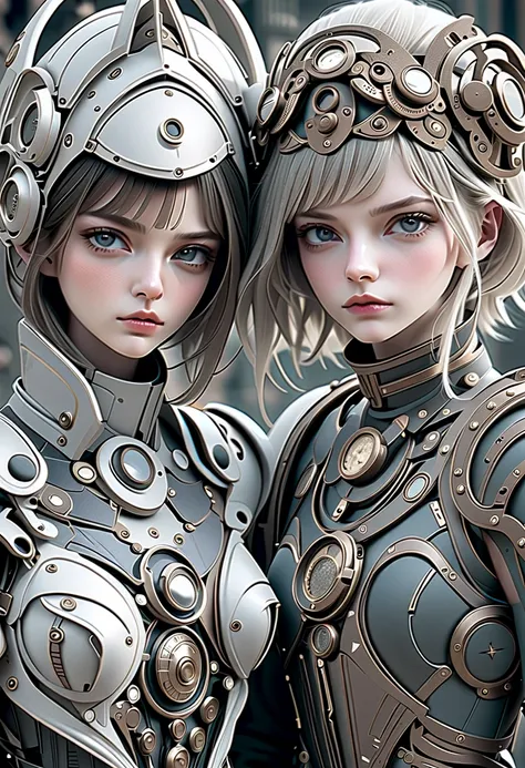  There are two women standing next to each other in armor,  highly detailed surreal VFX , inspired by Peter Lindbergh,  desaturated and muted colors ,  inspired by Nikola Avramov , clockpunk,  Detailed and beautiful faces , by Steven James Petruccio , Prom...