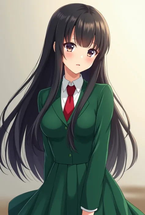  there is a long-haired woman wearing a green dress and red tie,  picture inspired by Ma Yuanyu ,  trending in cg society , what is it?, chiho, Seifuku, Sakimichan, Shikamimi,  sui ishida with dark hair ,  she has dark hair with bangs ,  anime girl in real...