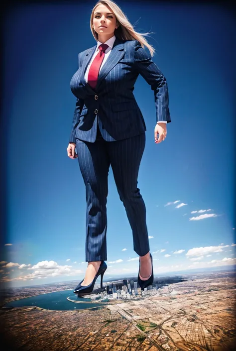 Looking up at the approaching young giantess, Giantess art, 500 miles tall giga giantess, young sophisticated and stylish goth woman in a light blue italian pinstriped trouser suit, form fitting crisp office shirt, and a large wide light blue necktie in a ...