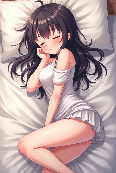 Top view of anime girl sleeping on bed, legs open, pussy visible