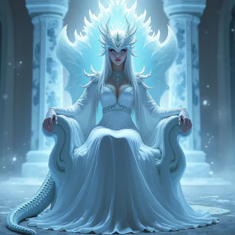 Ice queen dragon who become human but sill have some dragons attitude and dragon scales walking down from the throne