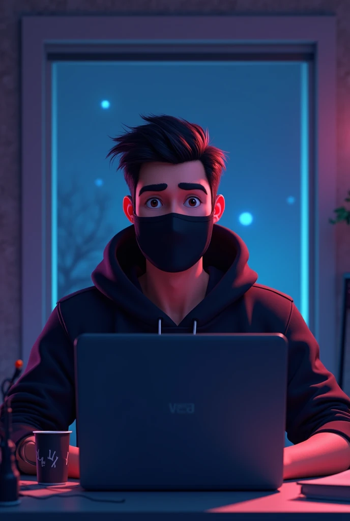 Create an 3d pixar style friendly looking male content creator character who appears handsome,smart and good looking . He has a good face and is wearing a black face mask and a black hoodie. The character is sitting behind his laptop in his office, with hi...