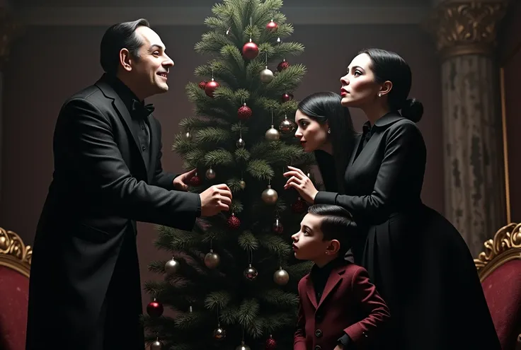 dark, full-length, a family of four decorates a Christmas tree, Gomez Addams, Morticia Addams, Wednesday Addams, Pugsley Addams, dark shades, gothic style of clothing, high detail, hyperrealism, 4k