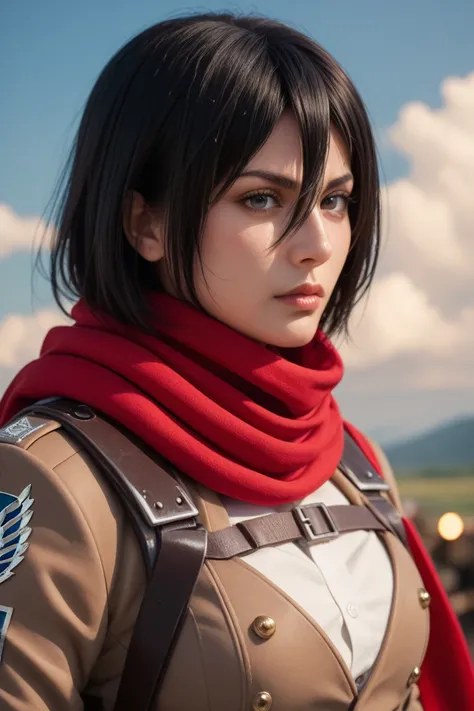 "Create an anime-style artwork of an adult female character inspired by Mikasa Ackerman. She should have a strong and confident aura with sharp, mature facial features. The character has short black hair with a slightly messy look, and her expression is se...