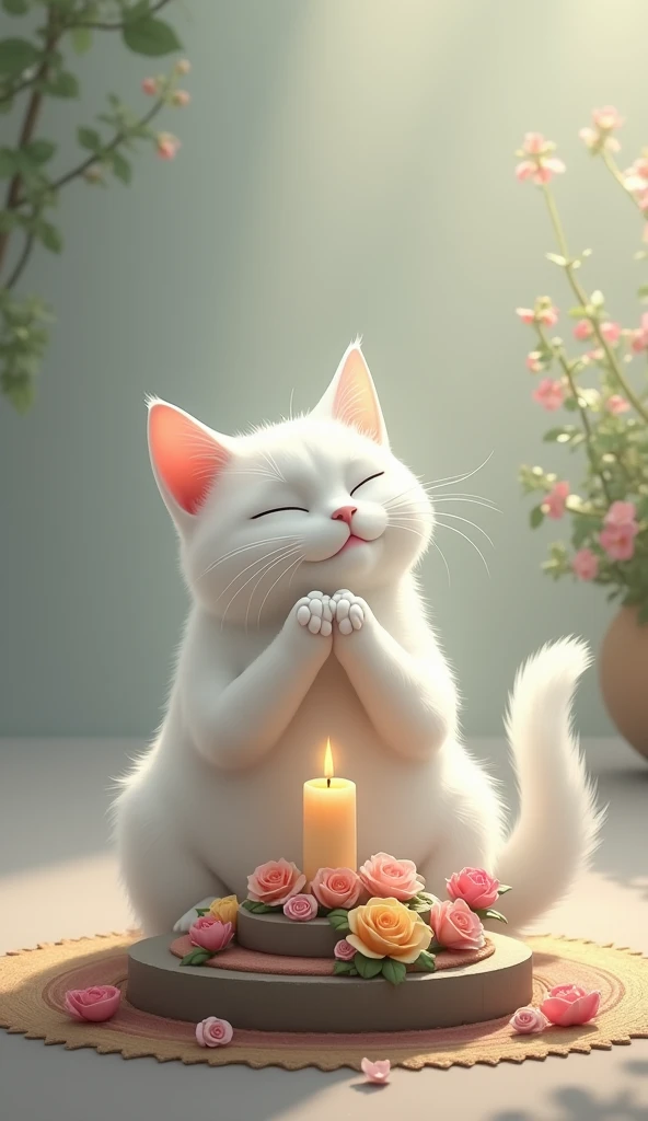 White cat worshiping in front of Shivalinga( decorating flower).Real photo 