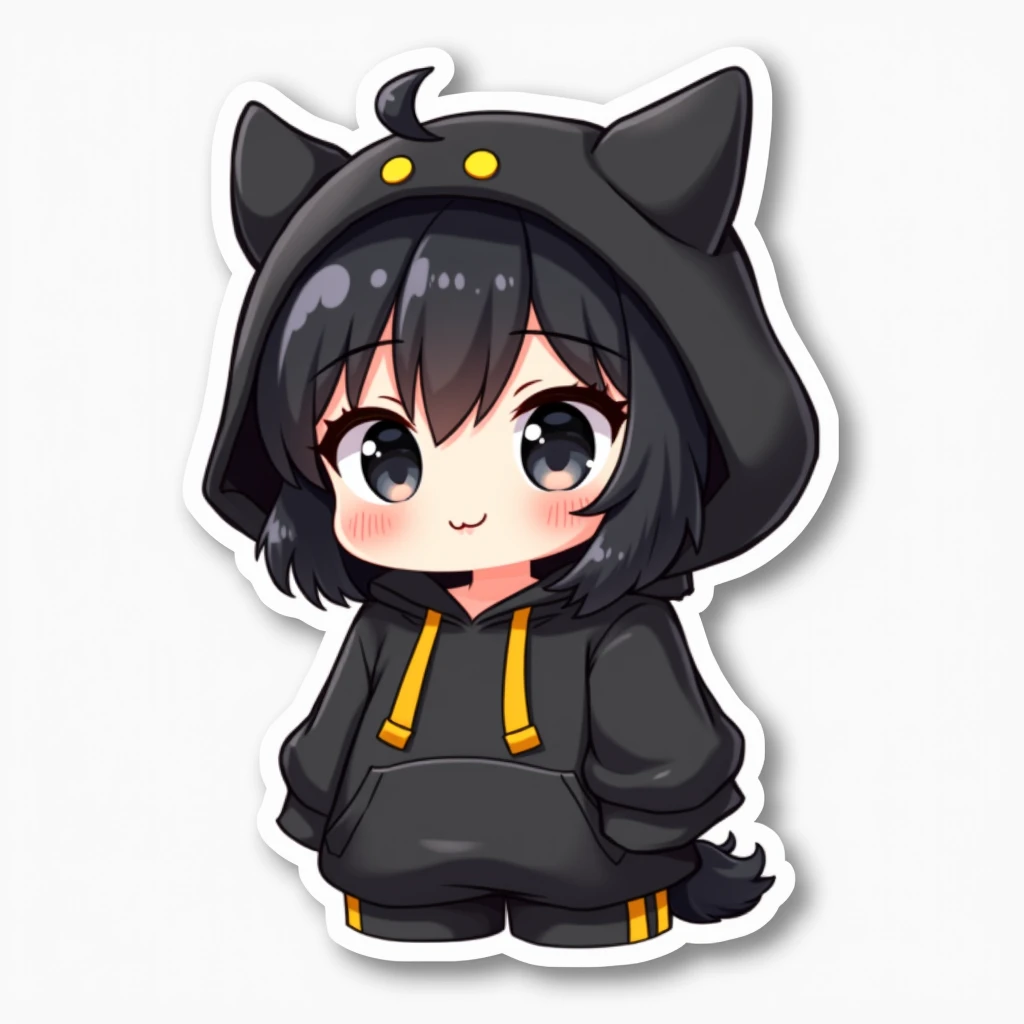 Sticker Chibi Character Cute Girl with Black Hair Two Horns Large Black Hoodie Wearing a Hood Yellow Point