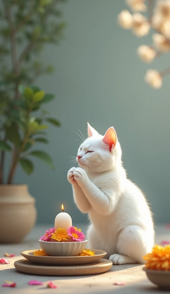 White cat worshiping in front of Shivalinga( decorating flower).Real photo 