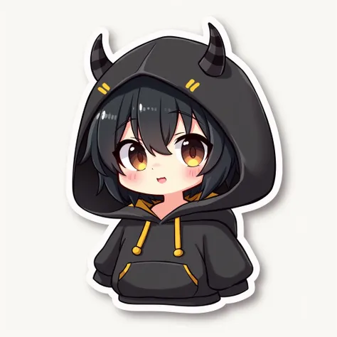 Sticker Chibi Character Cute Girl with Black Hair Two Horns Large Black Hoodie Wearing a Hood Yellow Point